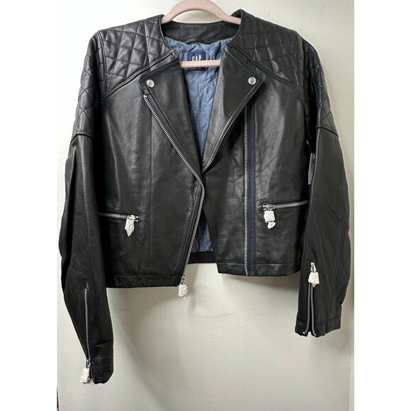 Md NWT GAP Black Quilted Leather Moto Jacket Biker Jacket Grunge Edgy Punk Goth - Picture 2 of 8